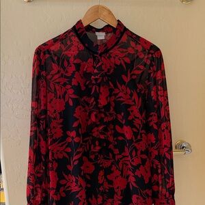 Black & Red Sheer Blouse with Red Floral Print